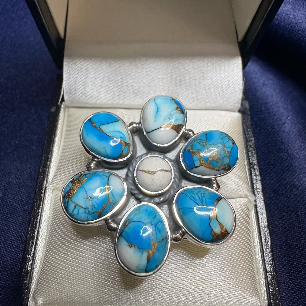 Ring Ice Blue Dahlia Turquoise Copper Infused 925 Sterling Silver Flower Setting